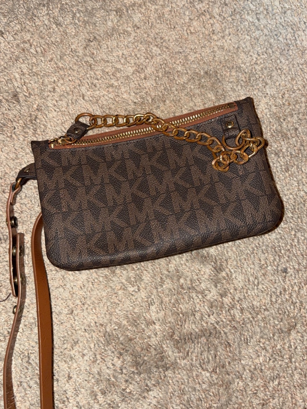 Michael Kors Dark Brown Logo Wristlet with Gold Chain Detail